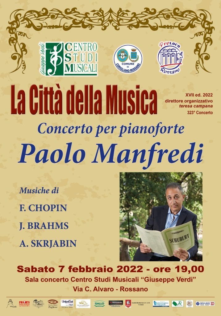 La Città della Musica ospita il Concerto di Pianoforte del Maestro Paolo Manfredi